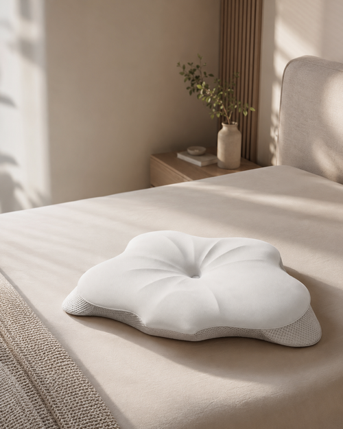 ALLIN SLEEP butterfly cervical pillow on a warm neutral bed