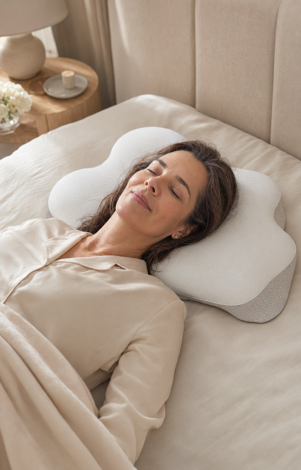 Woman sleeping on the ALLIN SLEEP butterfly cervical pillow