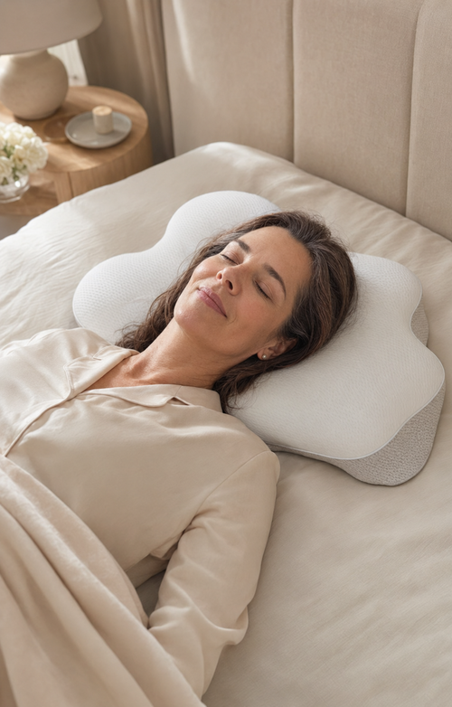 Woman sleeping on the ALLIN SLEEP butterfly cervical pillow