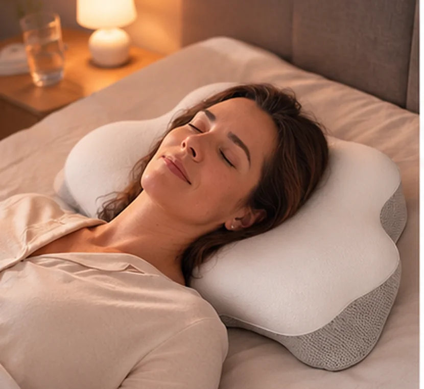 Woman sleeping on her back with her head resting in the ALLIN SLEEP pillow's central cavity