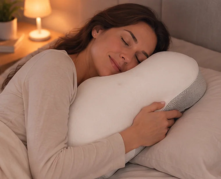 Woman resting comfortably on her side, holding the ALLIN SLEEP pillow