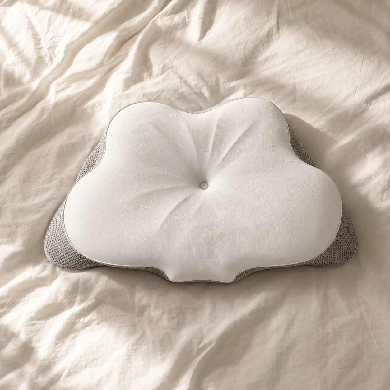 Top view of the ALLIN SLEEP butterfly pillow showing its central cavity and side wings