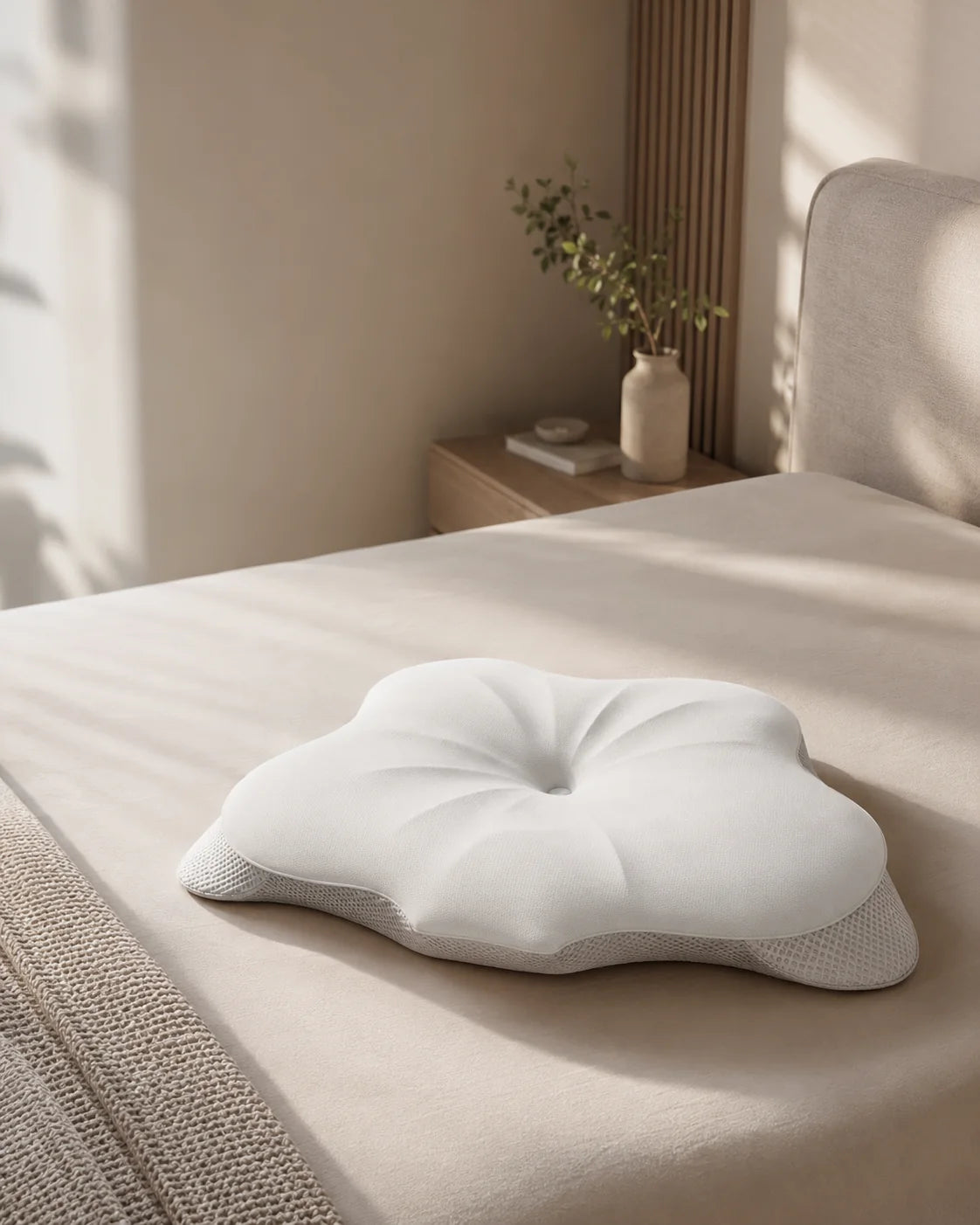 ALLIN SLEEP butterfly cervical pillow on a warm neutral bed