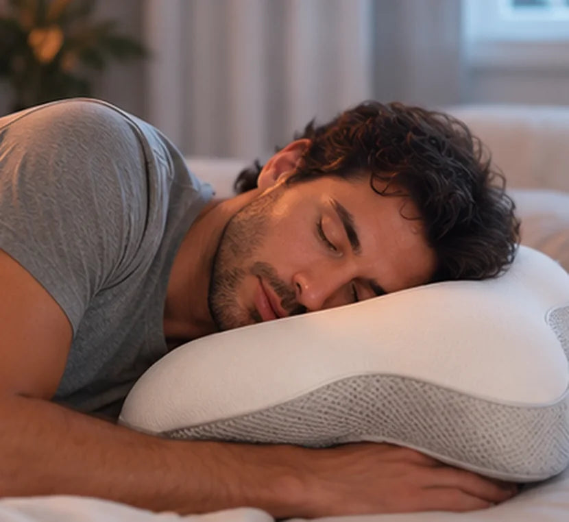 Man sleeping on his side with his shoulder and arm resting in the ALLIN SLEEP pillow's wing cutout